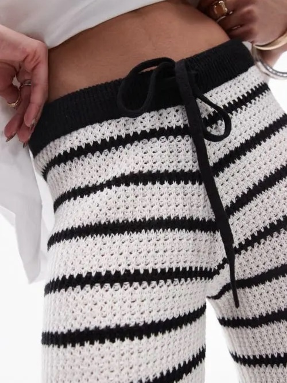 Topshop Black & White Striped Knit Flare Pants Wide Leg Size M